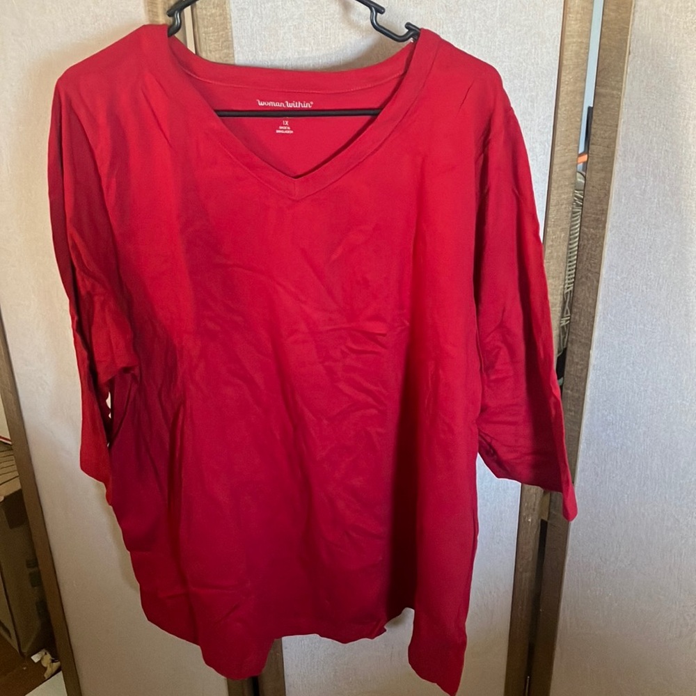 FINAL MARKDOWN Woman Within Red Oversized 3/4 Sleeve Tee 1X
